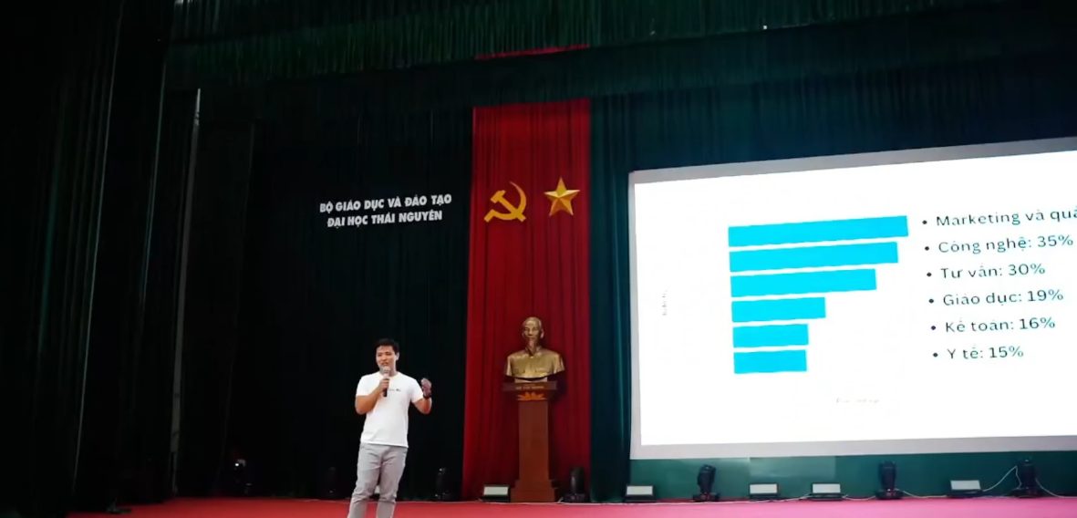 Trung Caha chia sẻ trên sân khấu Đại học Thái Nguyên